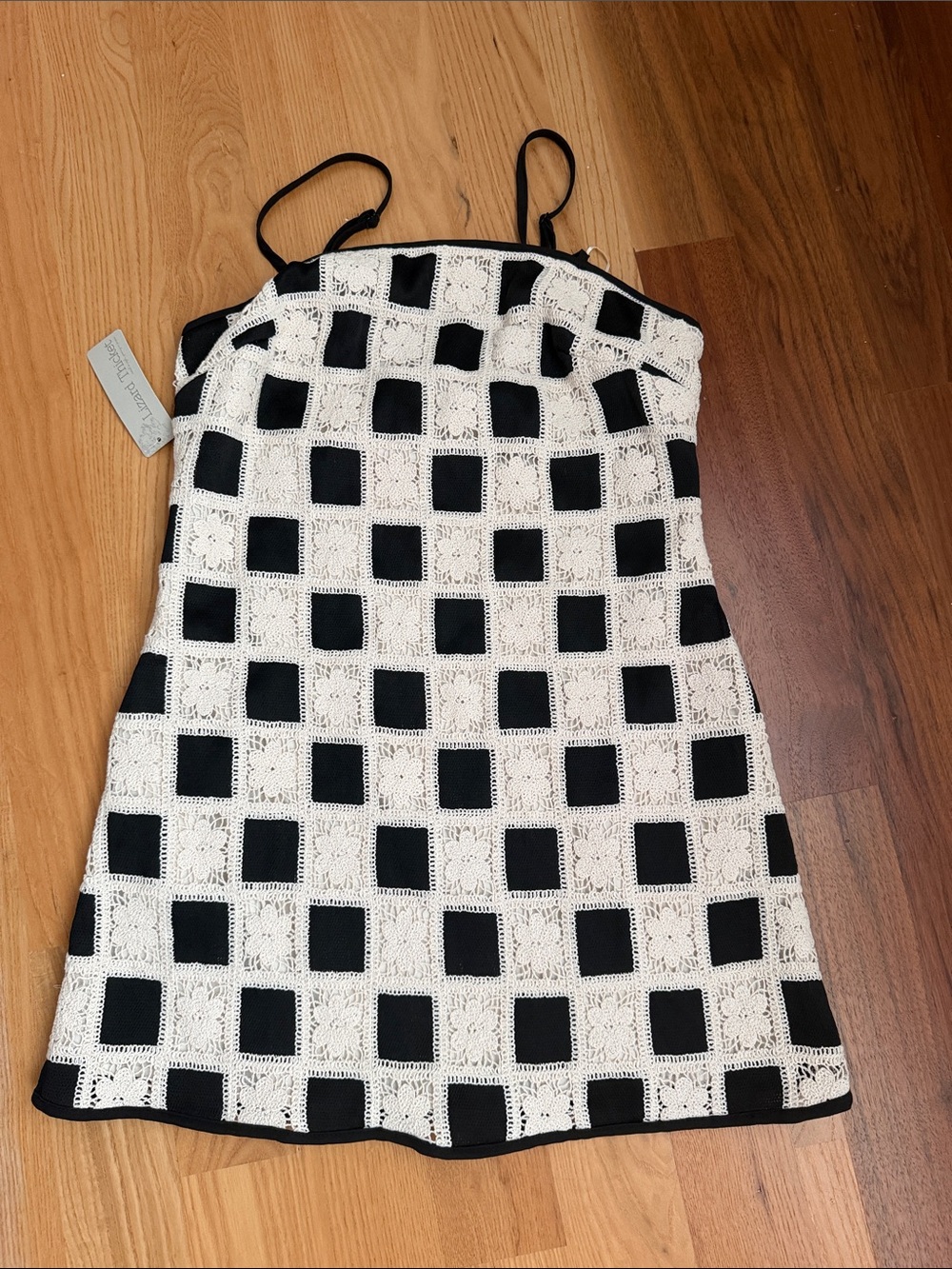 Lizard Thicket Black and White Crochet Check Spaghetti Strap Dress